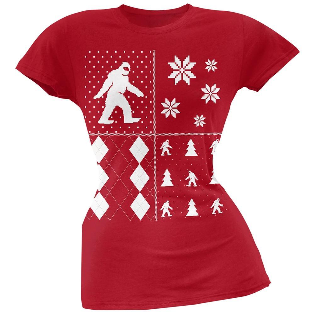 Sasquatch Festive Blocks Ugly Christmas Sweater Black Soft Juniors T-Shirt