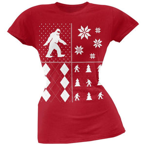Sasquatch Festive Blocks Ugly Christmas Sweater Black Soft Juniors T-Shirt