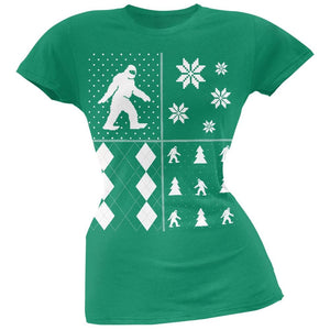 Sasquatch Festive Blocks Ugly Christmas Sweater Black Soft Juniors T-Shirt