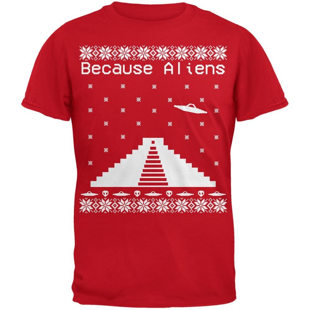 Because Aliens Pyramid Ugly Christmas Sweater Red Adult T-Shirt