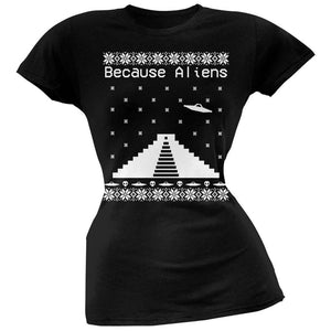 Because Aliens Pyramid Christmas Sweater Dark Heather Juniors Soft T-Shirt