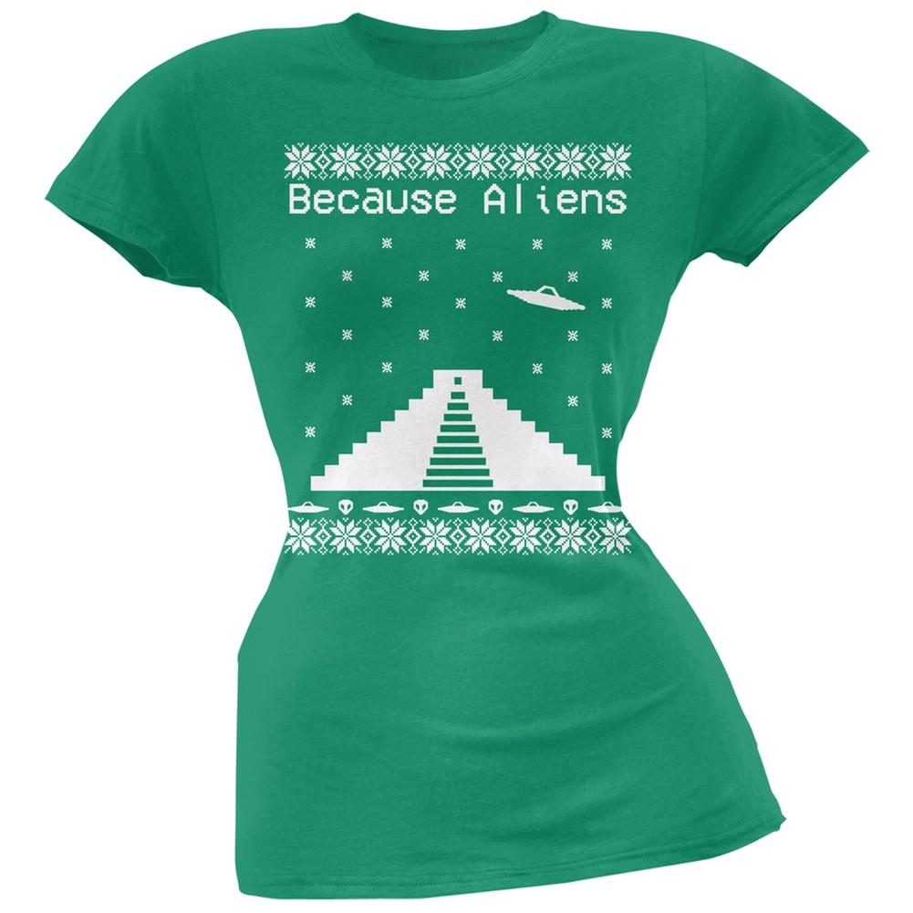 Because Aliens Pyramid Christmas Sweater Dark Heather Juniors Soft T-Shirt