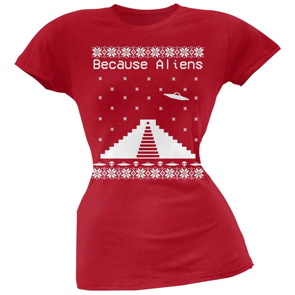 Because Aliens Pyramid Christmas Sweater Dark Heather Juniors Soft T-Shirt