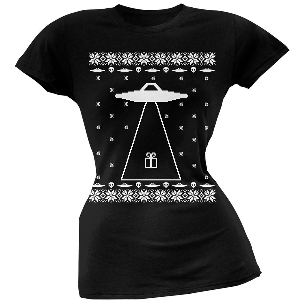 Alien Abduction Ugly Christmas Sweater Black Juniors T-Shirt