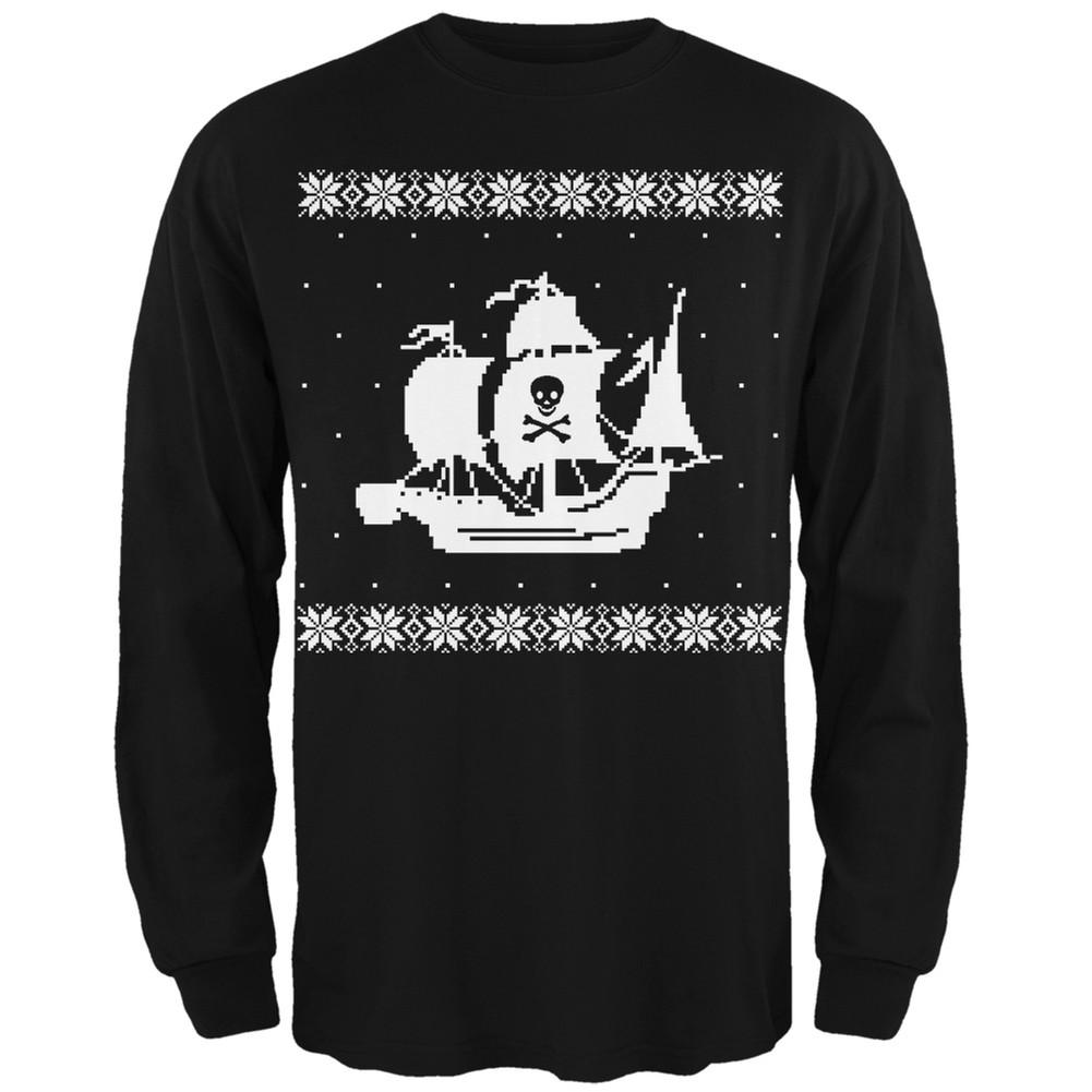 Big Pirate Ship Ugly Christmas Sweater Black Long Sleeve T-Shirt