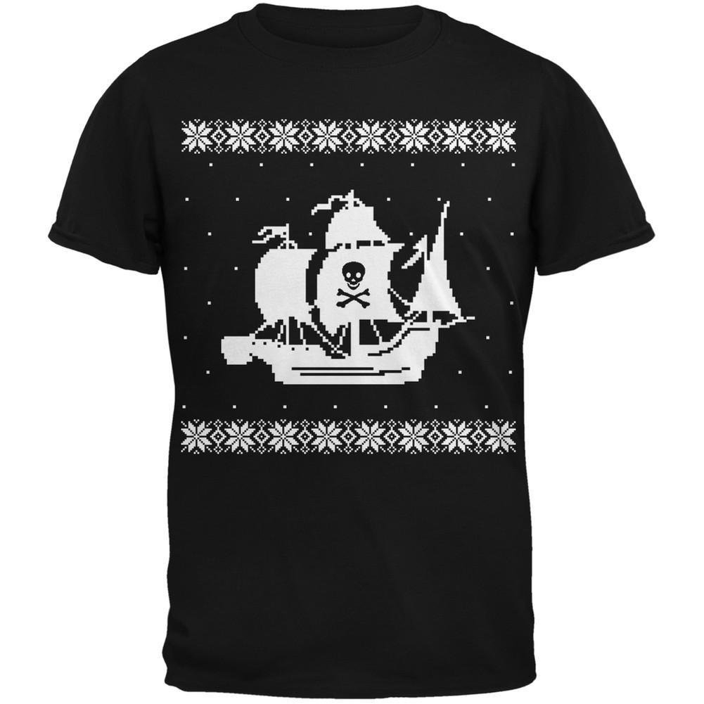 Big Pirate Ship Ugly Christmas Sweater Black Adult T-Shirt