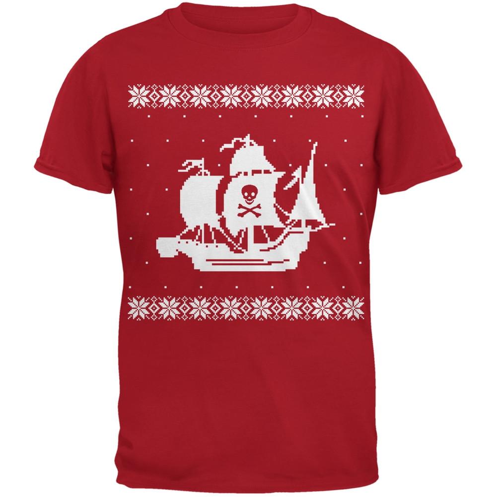 Big Pirate Ship Ugly Christmas Sweater Red Adult T-Shirt
