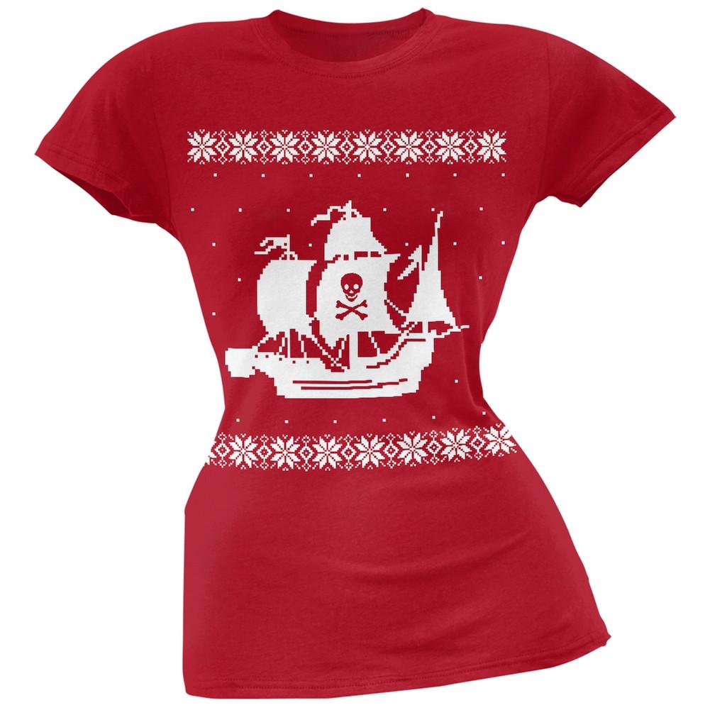 Big Pirate Ship Ugly Christmas Sweater Black Soft Juniors T-Shirt