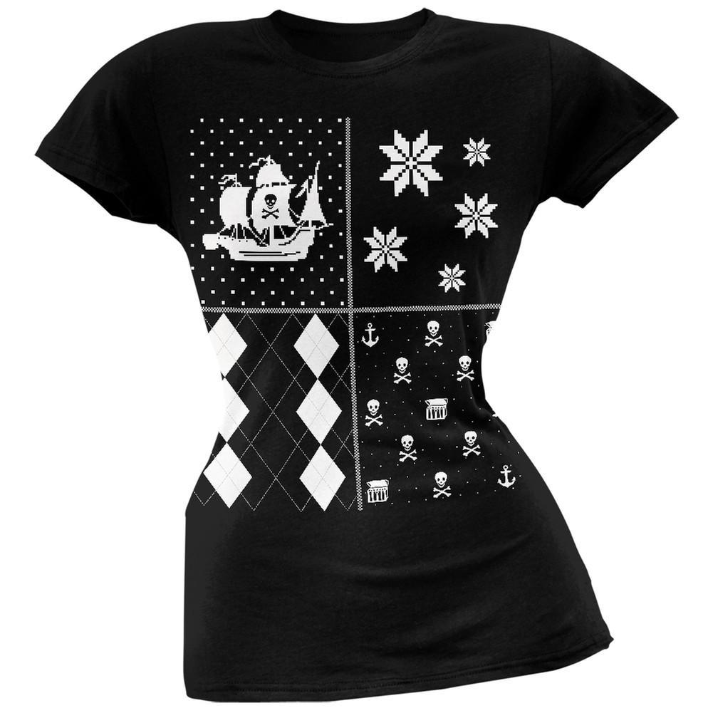 Pirates Festive Blocks Ugly Christmas Sweater Black Soft Juniors T-Shirt
