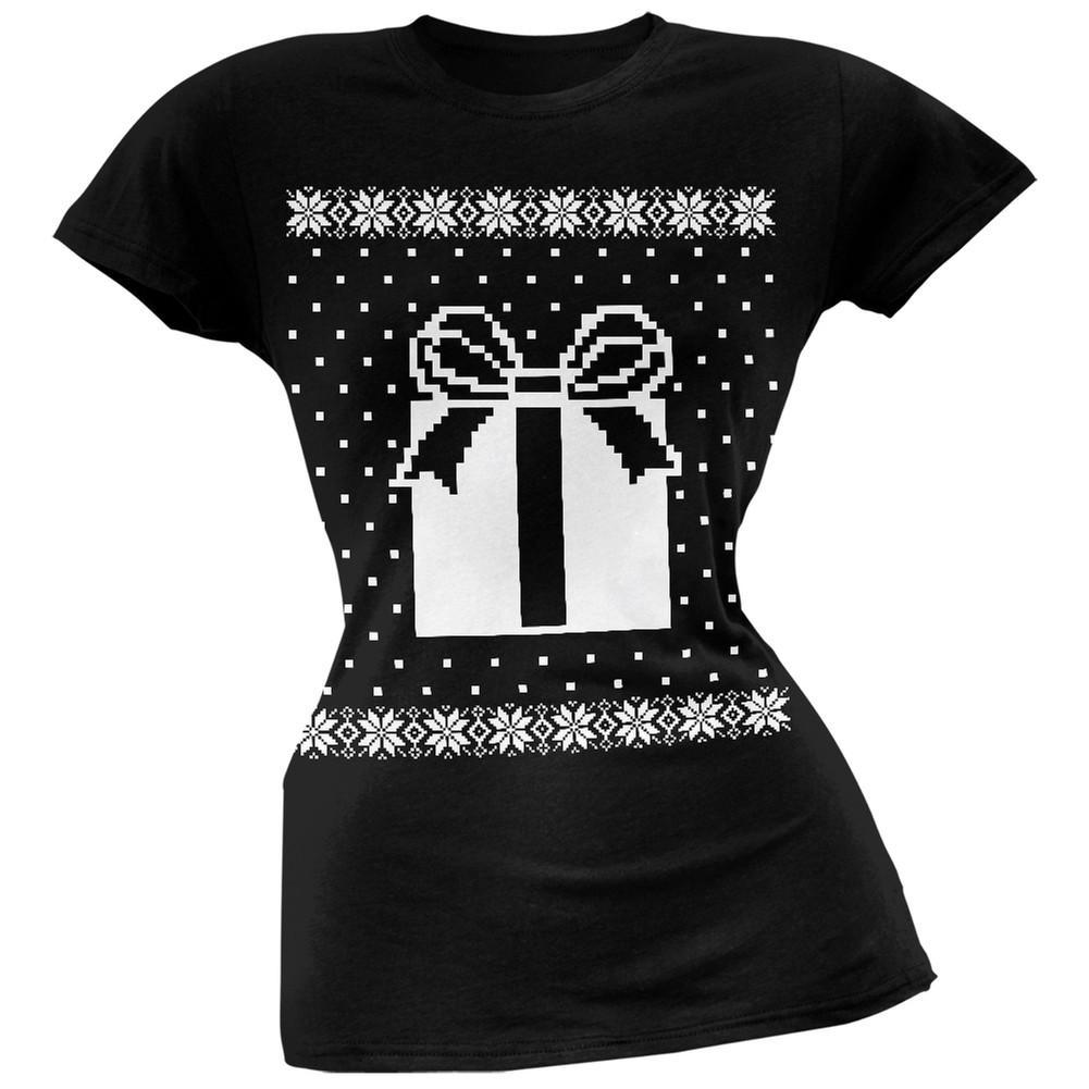 Big Present Ugly Christmas Sweater Black Soft Juniors T-Shirt