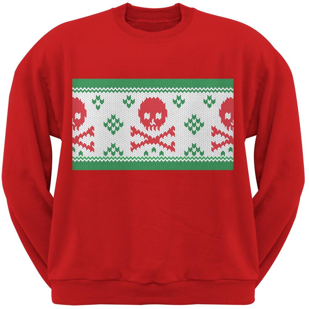 Knit Skull And Crossbones Ugly Christmas Sweater Red Adult Crew Neck Sweatshirt