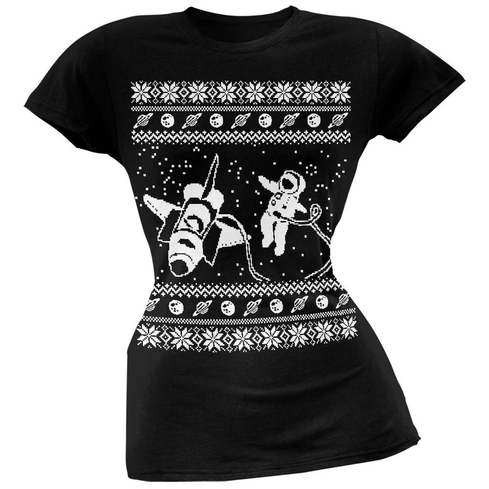 Astronaut in Space Ugly Christmas Sweater Black Soft Juniors T-Shirt