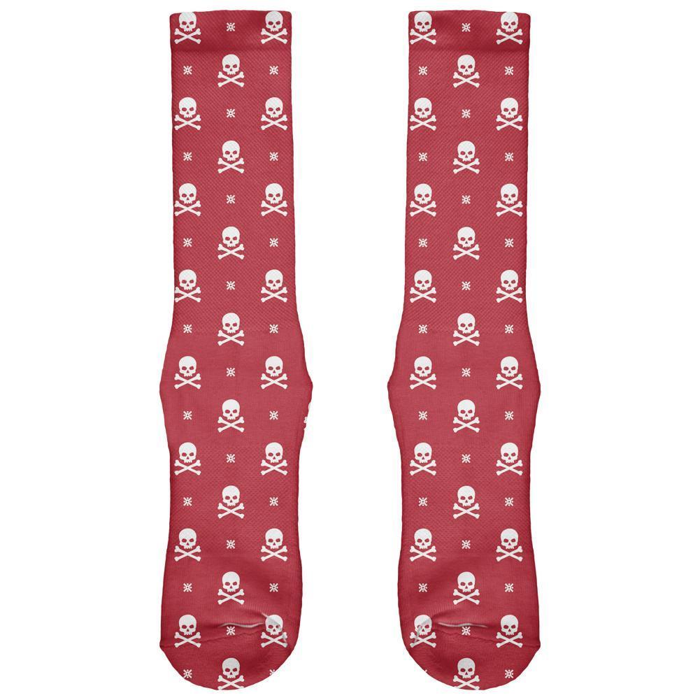 Skull And Crossbones Snowflake Pattern Christmas All Over Red Crew Socks