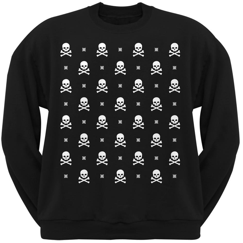 Skull And Crossbones Snowy Ugly Christmas Sweater Black Adult Crew Neck Sweatshirt