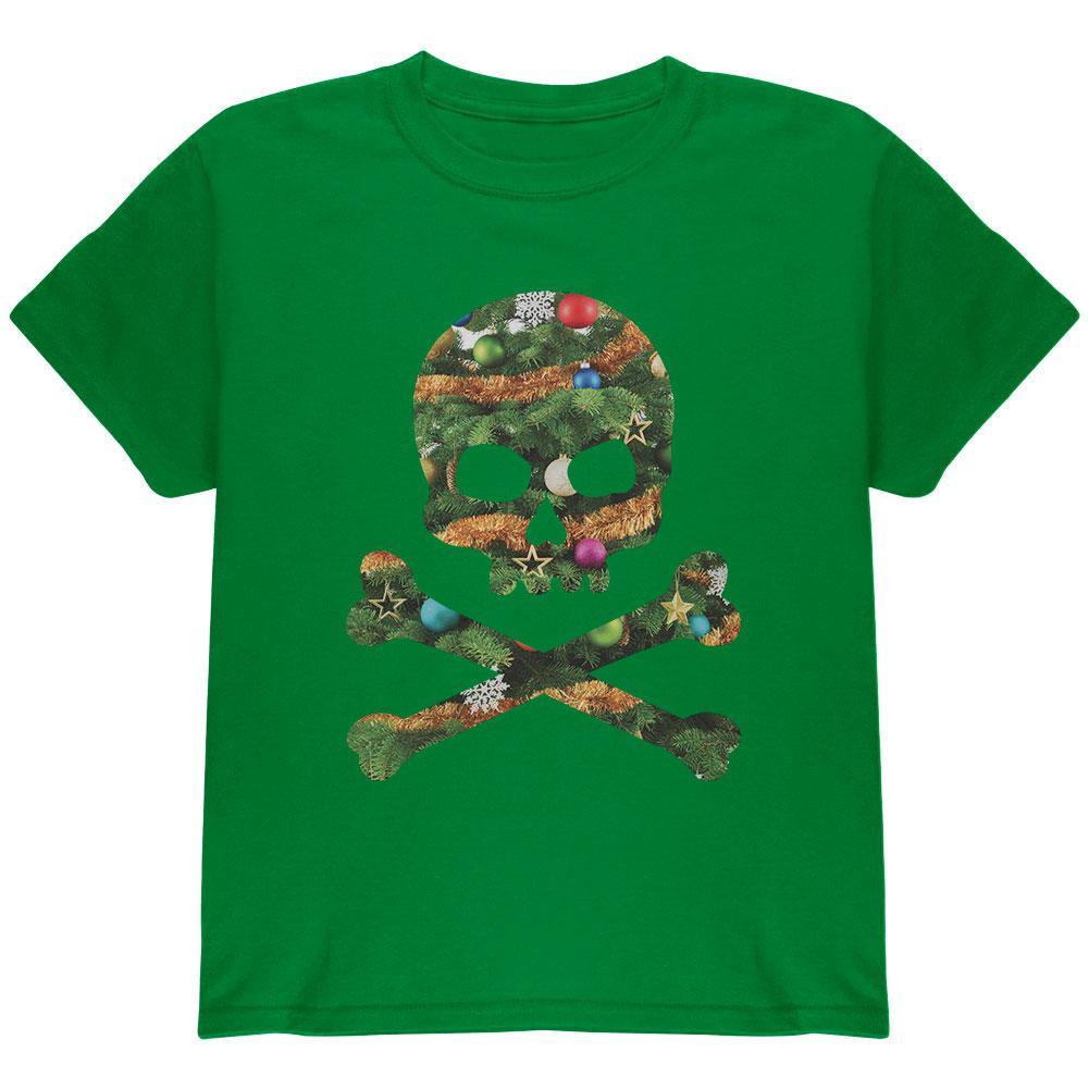 Skull And Crossbones Christmas Tree Cut Out Dark Green Youth T-Shirt