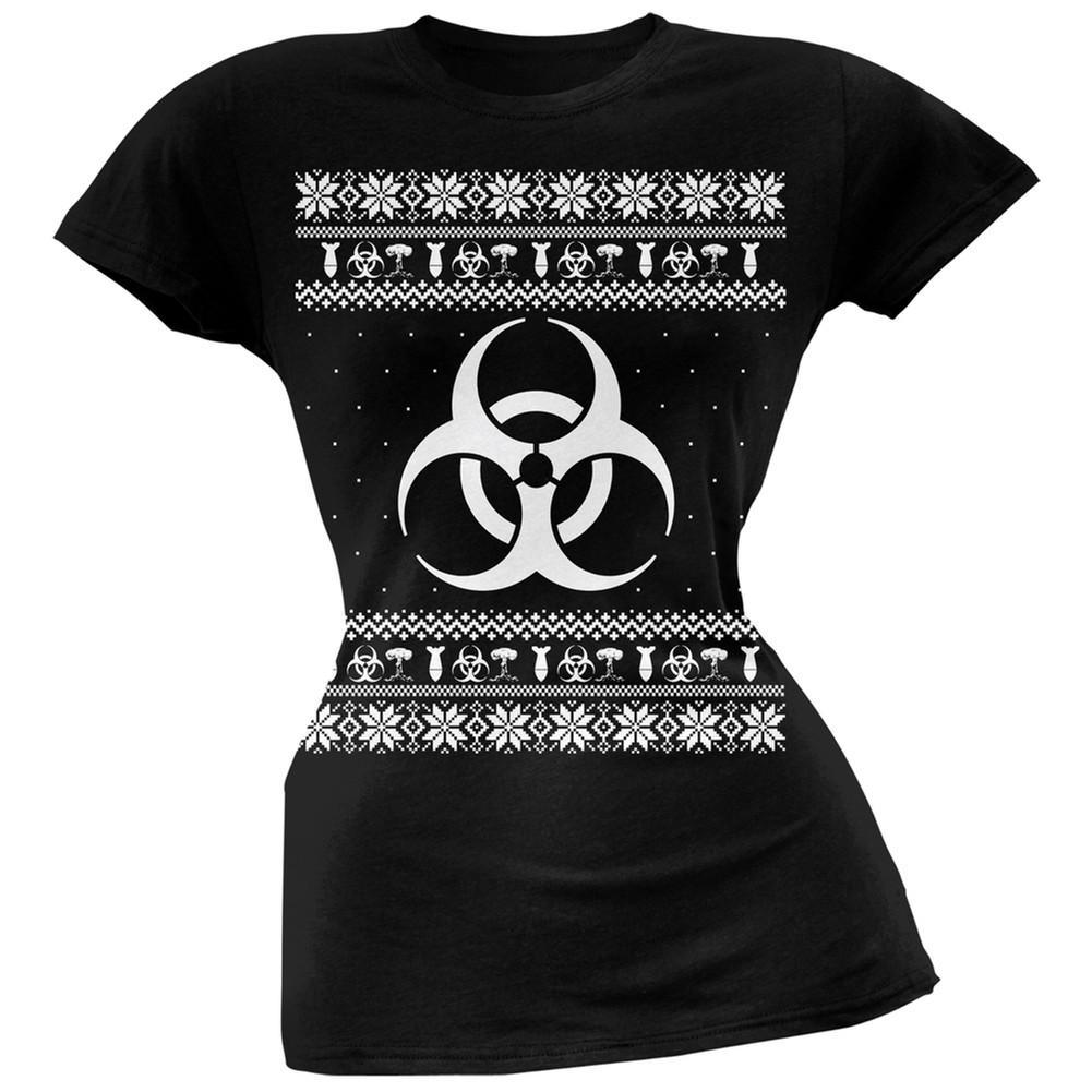 Biohazard Symbol Ugly Christmas Sweater Black Soft Juniors T-Shirt