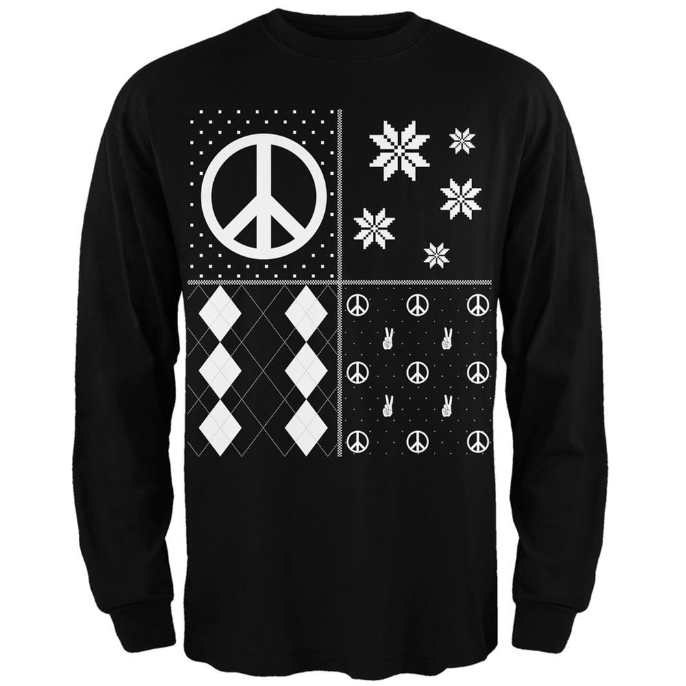 Peace Sign Festive Blocks Ugly Christmas Sweater Black Adult Long Sleeve T-Shirt