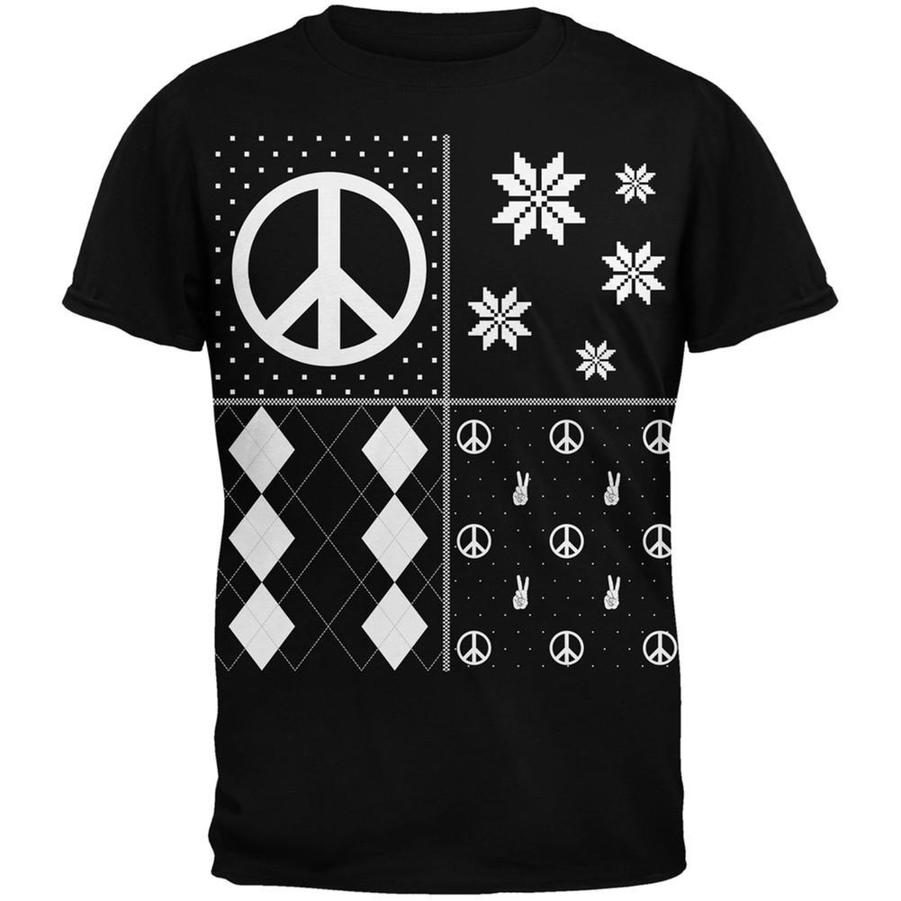 Peace Sign Festive Blocks Ugly Christmas Sweater Black Adult T-Shirt