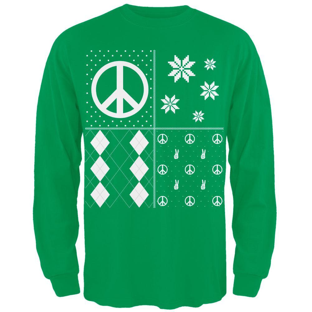 Peace Sign Festive Blocks Ugly Christmas Sweater Black Adult Long Sleeve T-Shirt