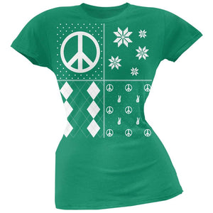 Peace Sign Festive Blocks Ugly Christmas Sweater Black Soft Juniors T-Shirt