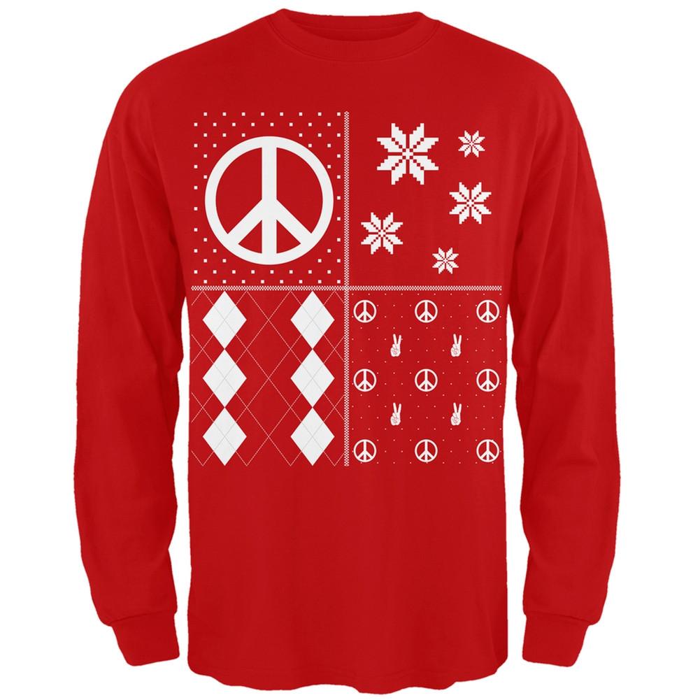 Peace Sign Festive Blocks Ugly Christmas Sweater Black Adult Long Sleeve T-Shirt