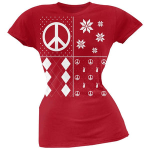 Peace Sign Festive Blocks Ugly Christmas Sweater Black Soft Juniors T-Shirt