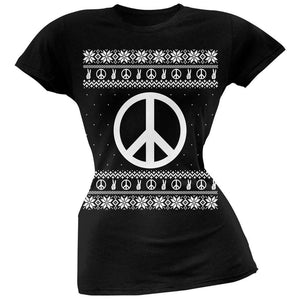 Peace Sign Ugly Christmas Sweater Black Soft Juniors T-Shirt
