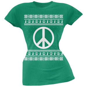 Peace Sign Ugly Christmas Sweater Black Soft Juniors T-Shirt