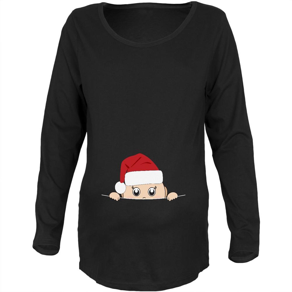 Peeking Christmas Santa Hat Baby Black Womens Soft Maternity Long Sleeve T-Shirt