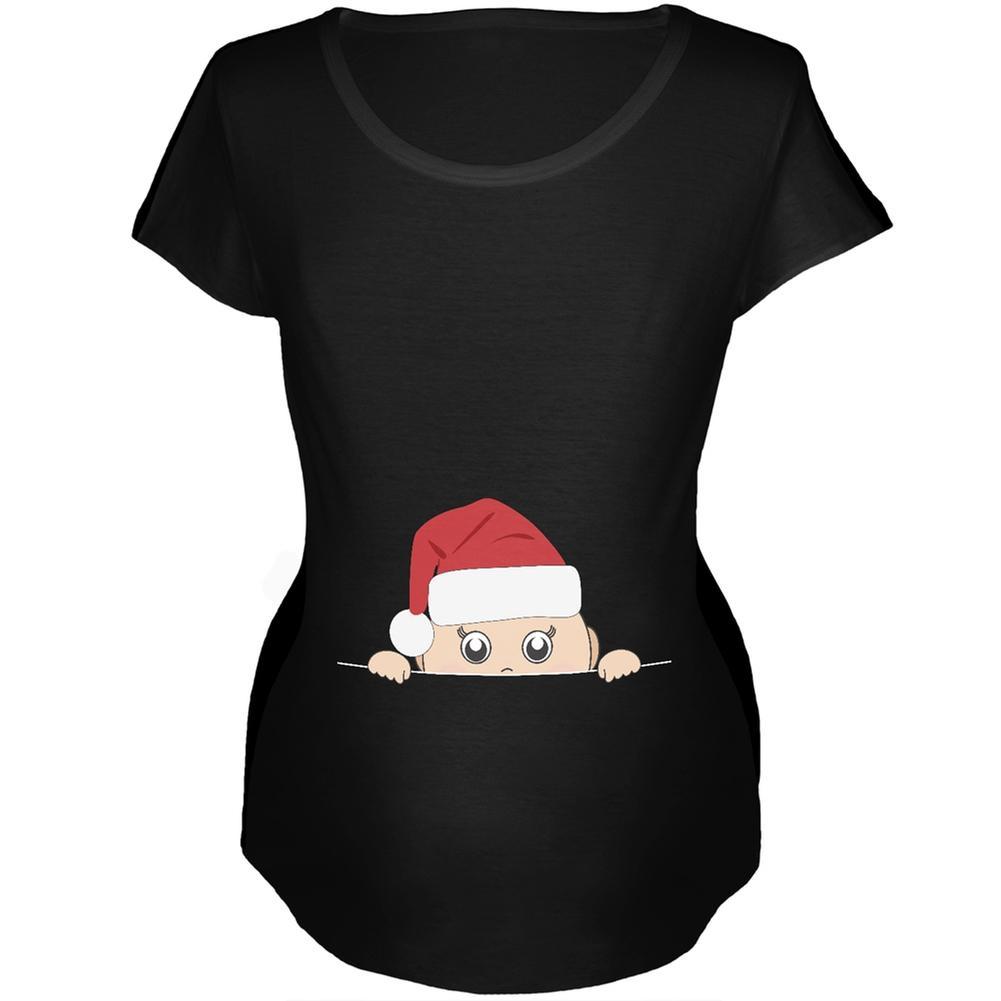 Peeking Christmas Santa Hat Baby Black Womens Soft Maternity T-Shirt