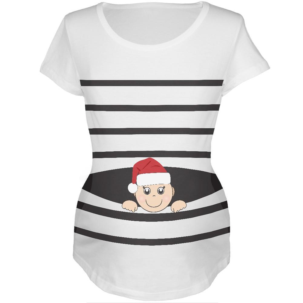 Striped Peeking Christmas Santa Hat Baby White Womens Soft Maternity T-Shirt