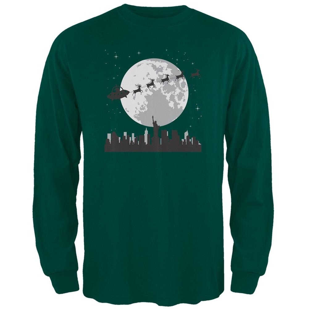 Alien Santa Sleigh Dark Green Adult Long Sleeve T-Shirt