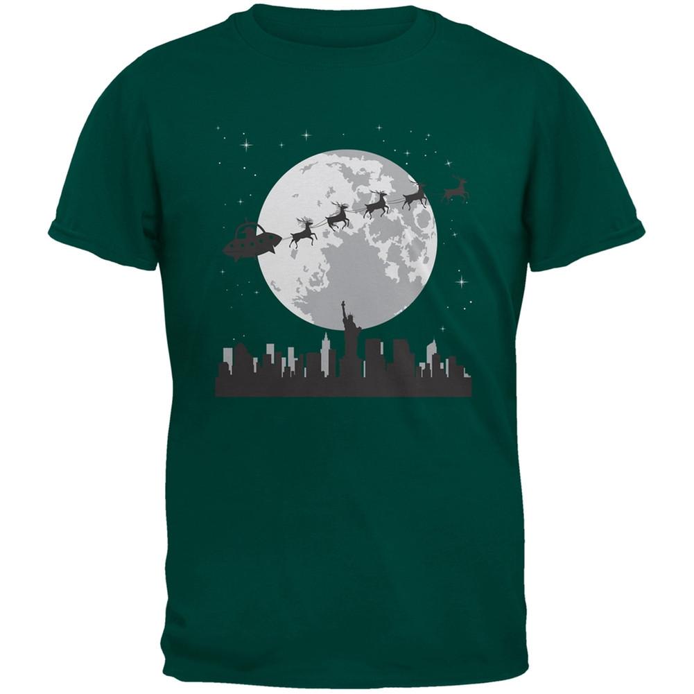 Alien Santa Sleigh Dark Green Adult T-Shirt