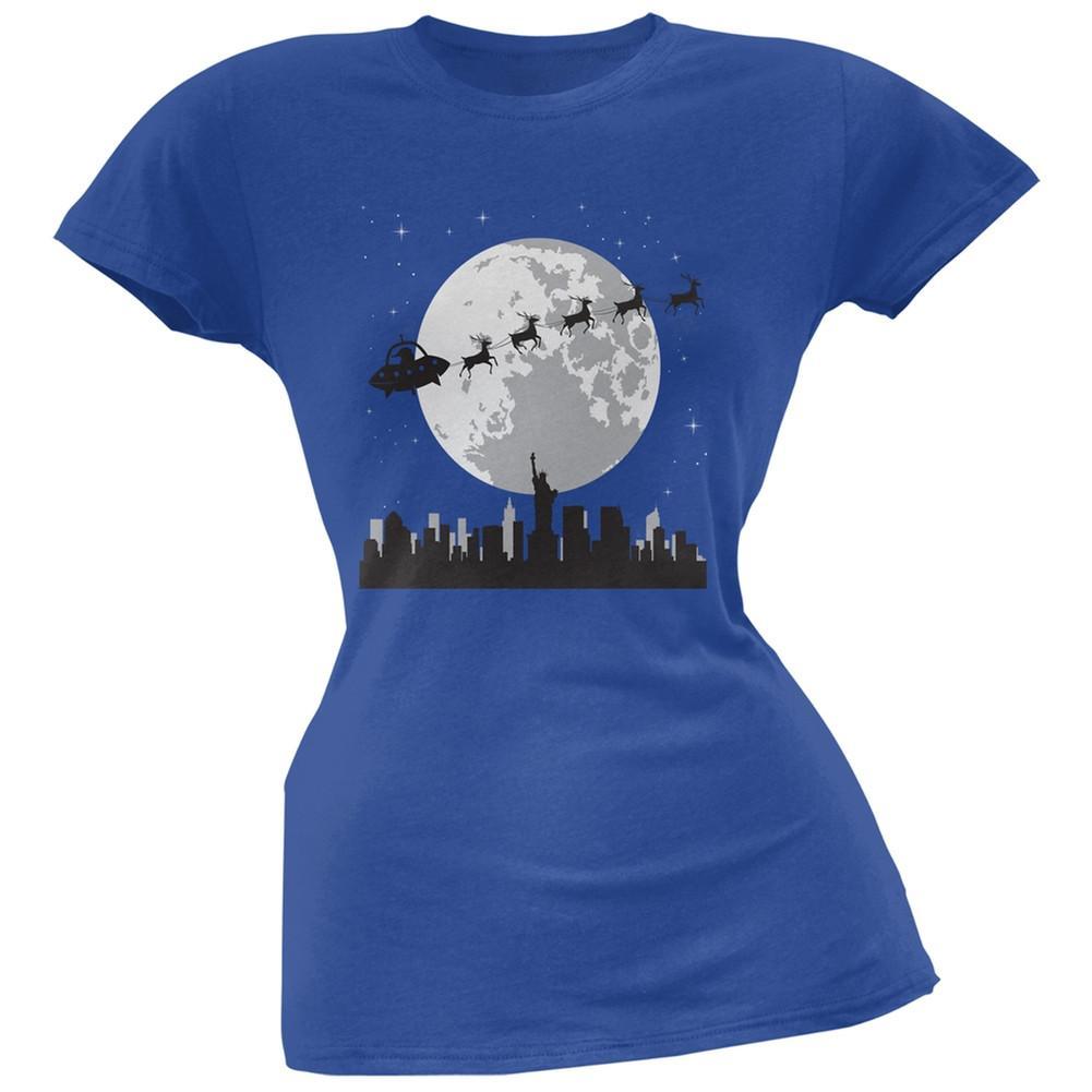 Alien Santa Sleigh Blue Soft Juniors T-Shirt