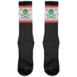 Knit Skull And Crossbones Christmas Black All Over Crew Socks