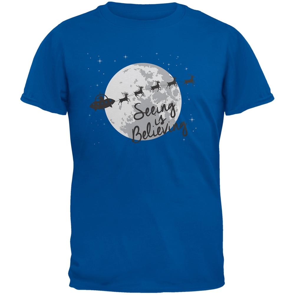 Seeing Is Believing Alien Santa Blue Adult T-Shirt