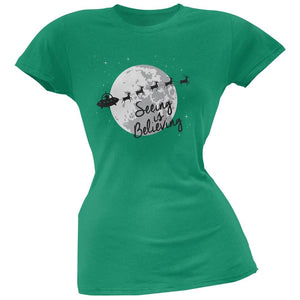 Seeing Is Believing Alien Santa Blue Soft Juniors T-Shirt