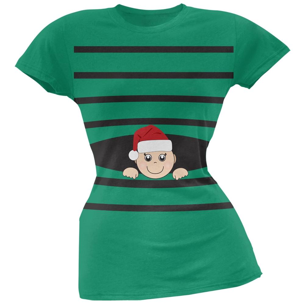Striped Peeking Christmas Santa Hat Baby Green Soft Juniors T-Shirt