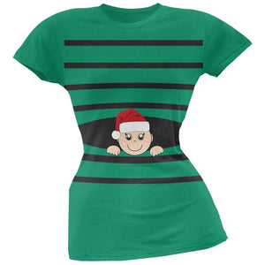 Striped Peeking Christmas Santa Hat Baby Green Soft Juniors T-Shirt