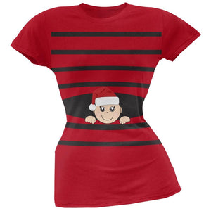 Striped Peeking Christmas Santa Hat Baby Green Soft Juniors T-Shirt