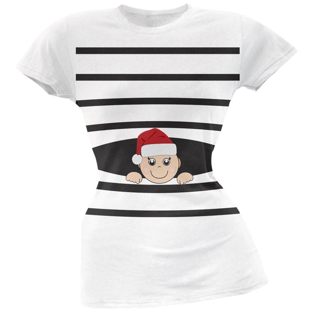 Striped Peeking Christmas Santa Hat Baby Green Soft Juniors T-Shirt