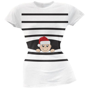 Striped Peeking Christmas Santa Hat Baby Green Soft Juniors T-Shirt